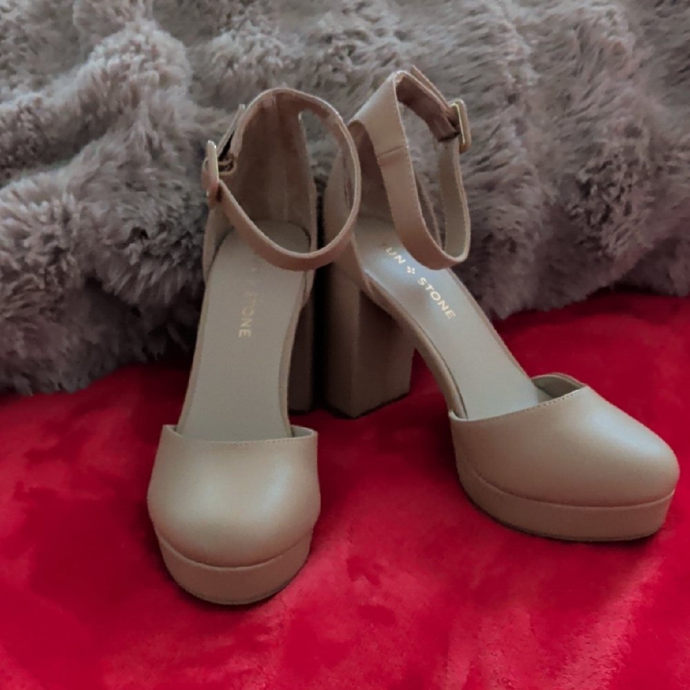 Sun + Stone Beige Ankle Strap Heels